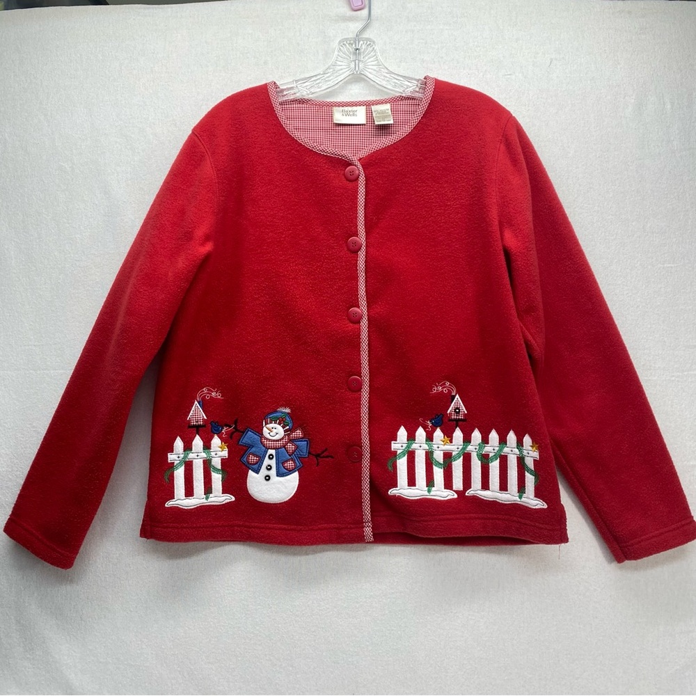 Baxter & Wells Red Medium Button Front Cardigan Christmas Snowman Gingham Trim
